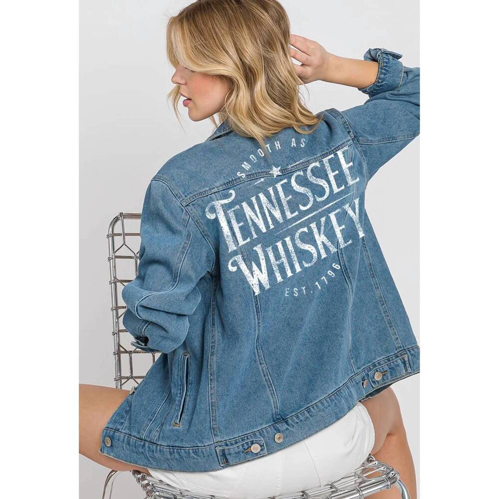 NEW HRT & LUV graphic back tennessee whiskey boyfriend denim jacket in blue